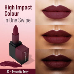 Matte berry lipstick shown on lips with smooth, high-coverage swipe