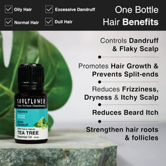 Tea tree essential oil bottle with black cap shown alongside hair benefits text