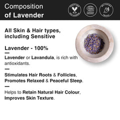 Lavender essential oil composition with lavender buds in a light stone bowl