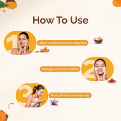 Face wash how-to-use panel with step icons and damp-face application instructions