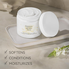 Elizabeth Arden White Tea body cream jar with open lid and creamy product