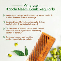 Small oil-treated neem wood comb with fine teeth, angled view