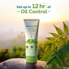 Tea tree oil control face wash tube, white with green base, with tea leaves