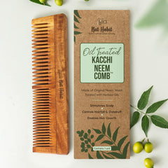 Oil-treated neem wood comb with wide teeth, natural brown finish