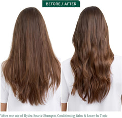 Before-and-after view of brown hair from the back on a person in a white top.