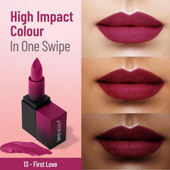 HD matte lipstick and magenta-pink lip swatches, with lipstick in black case