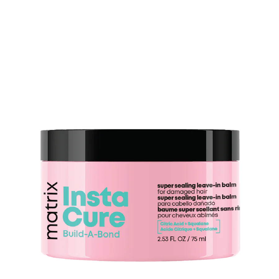 Pink hair leave-in balm jar with black lid, teal and white label