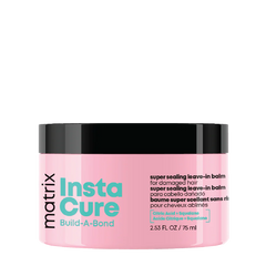 Pink hair leave-in balm jar with black lid, teal and white label