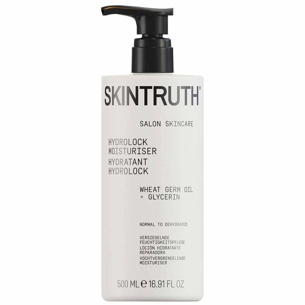 Skintruth Hydrolock moisturiser pump bottle, 500 ml, black pump on white bottle