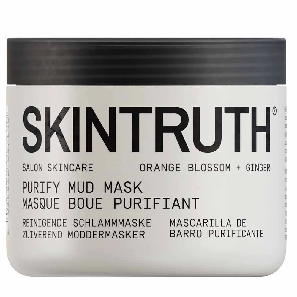 Purify mud mask jar with black lid, white label