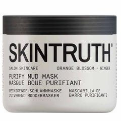 Purify mud mask jar with black lid, white label