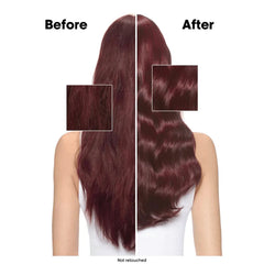 Hair color comparison: Before dark hair, After richer burgundy waves