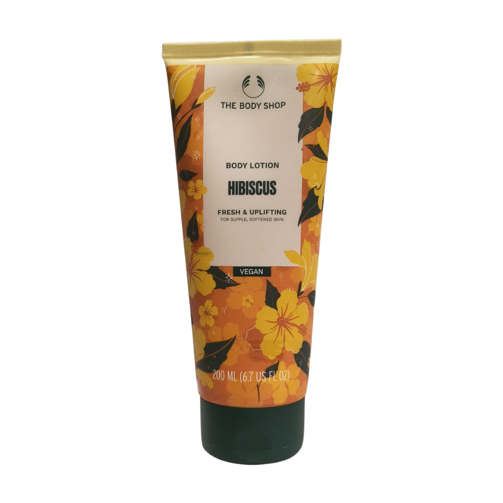 The Body Shop hibiscus body lotion tube, yellow floral design, 200 ml