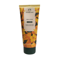 The Body Shop hibiscus body lotion tube, yellow floral design, 200 ml