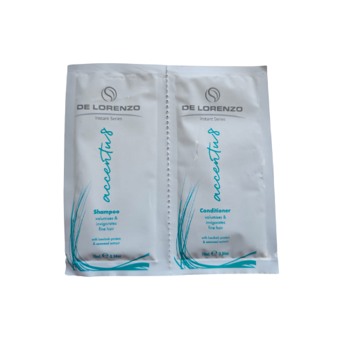 De Lorenzo Accentu8 shampoo and conditioner sachets, two white 10 ml packets