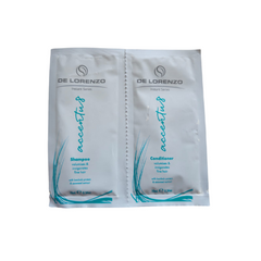 De Lorenzo Accentu8 shampoo and conditioner sachets, two white 10 ml packets