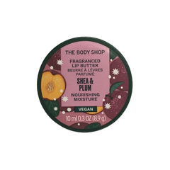 Round lip butter tin with The Body Shop Shea & Plum branding, 10 ml
