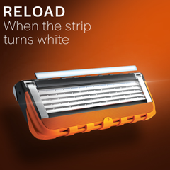 Razor blade cartridge with exposed blades on orange handle, refill cassette