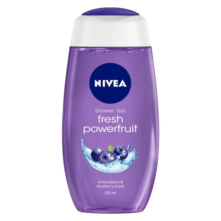 Purple NIVEA Fresh Powerfruit shower gel bottle with white cap, 250 ml