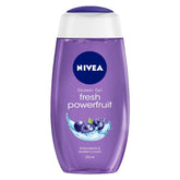 Purple NIVEA Fresh Powerfruit shower gel bottle with white cap, 250 ml