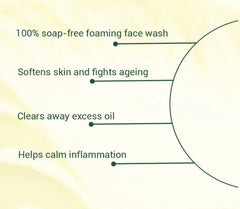Soap-free foaming face wash benefits text: clears excess oil and soothes
