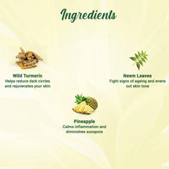 Ingredients infographic with pineapple, neem leaves, and wild turmeric for face wash
