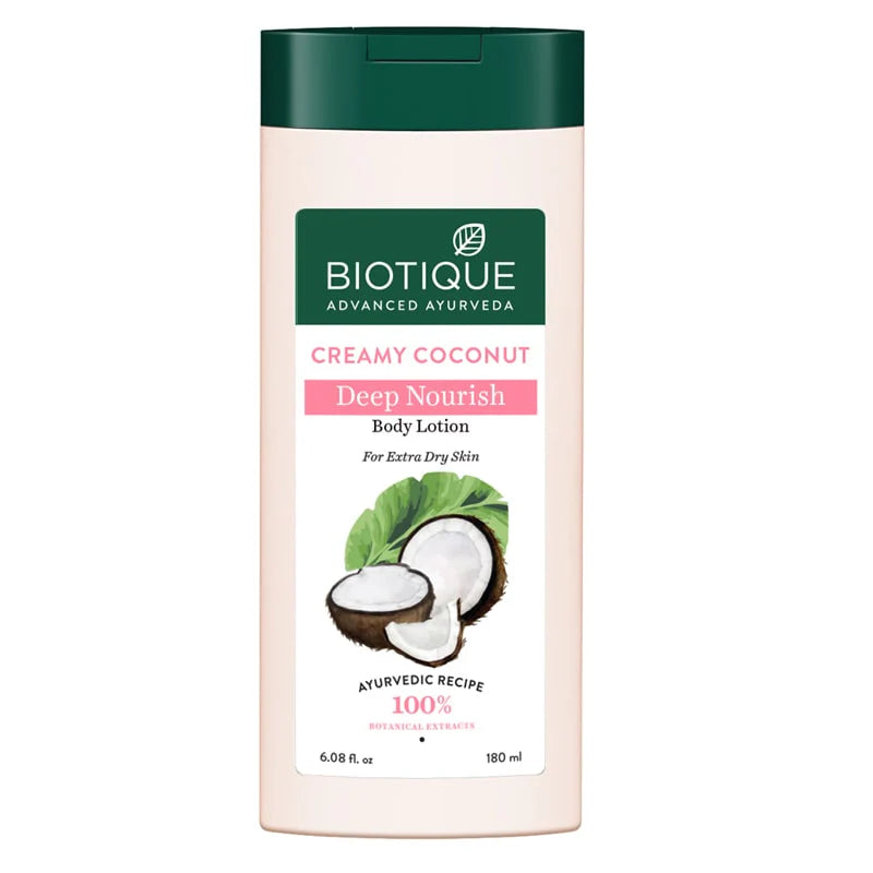 BIOTIQUE creamy coconut deep nourish body lotion bottle with green cap