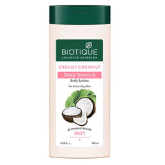BIOTIQUE creamy coconut deep nourish body lotion bottle with green cap
