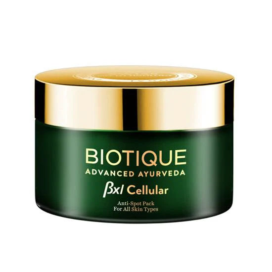 Biotique anti-spot pack jar, dark green container with gold lid