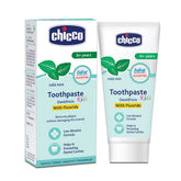 Kids toothpaste tube, white with green mint accents and blue label, mild mint flavor.