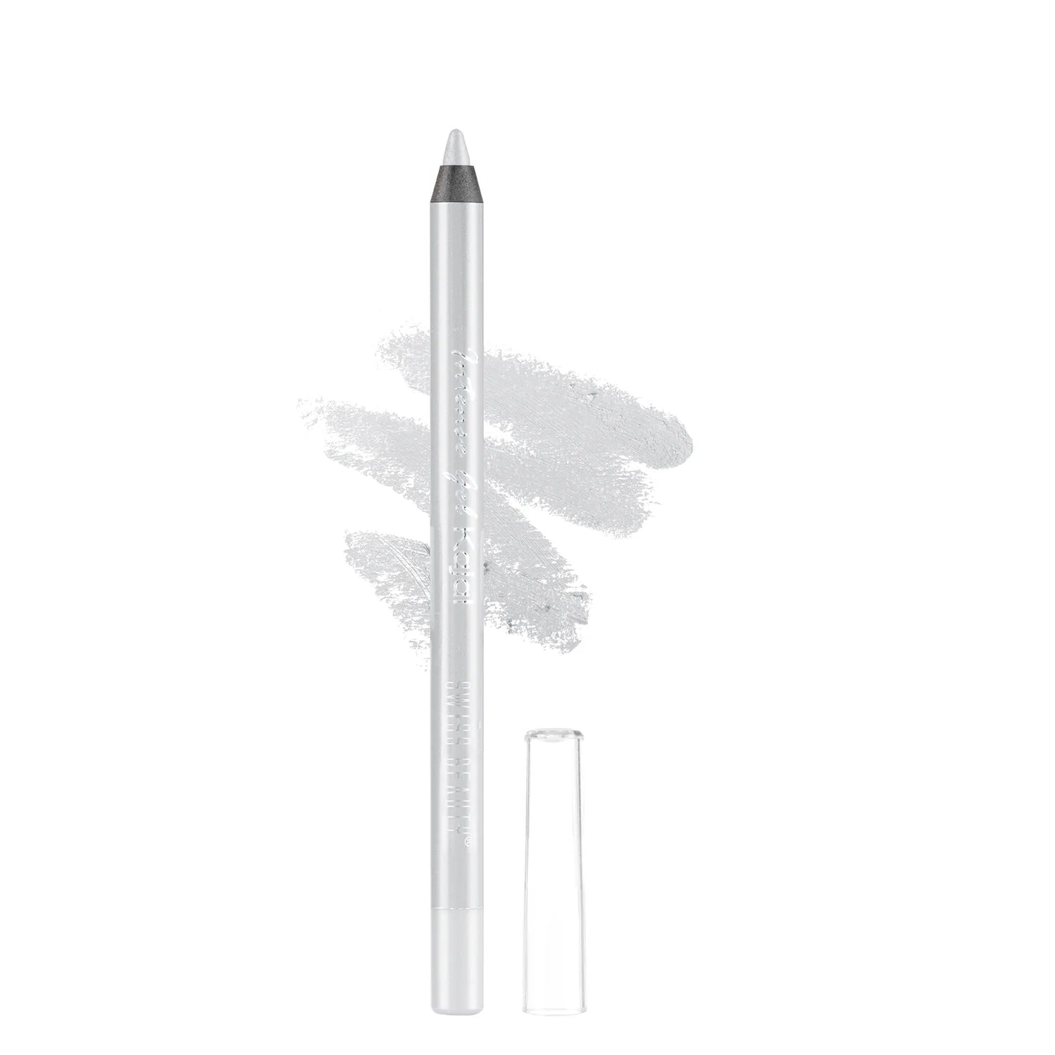 Silver gel kajal pencil with pointed tip and clear cap