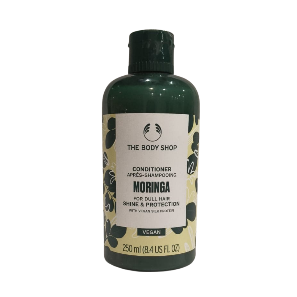 The Body Shop Moringa conditioner bottle, dark green with vegan label, 250 ml