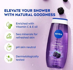Purple NIVEA Fresh Powerfruit shower gel bottle with blue cap