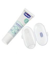 Chicco gum gel and finger toothbrush set with tube, brush, and open case