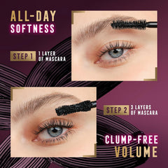 Mascara on eyelashes with layered, clump-free volume and all-day softness