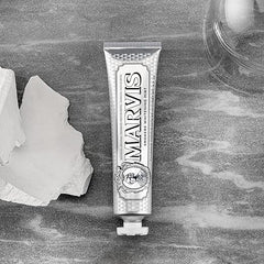 Marvis Smokers Whitening Mint toothpaste tube, silver patterned packaging