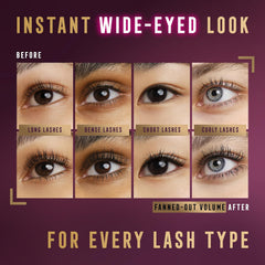 Mascara before-and-after lash look with long, dense, short, and curly lashes