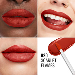 Matte scarlet red lips with detailed lip texture, shade 920 Scarlet Flames