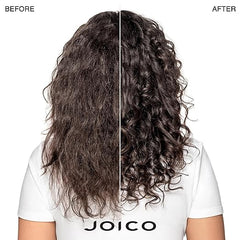 Split comparison of curly hair before and after, styled with curl defining creme
