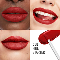 Matte red lip colour swatches on lips, applicator with red liquid
