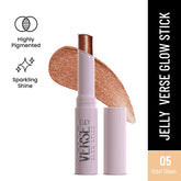 Jelly glow eyeshadow stick with bronze sparkly swatch, in pastel lilac tube