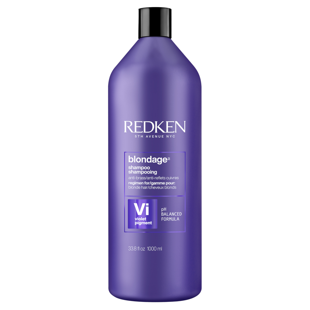 Purple shampoo bottle with black cap, REDKEN Blondage label and violet pigment.
