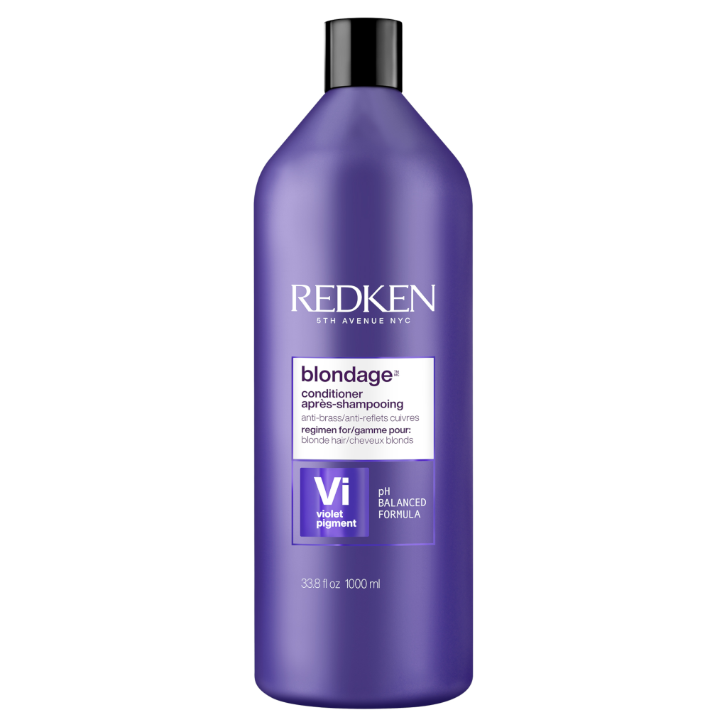 Purple Redken Blondage conditioner bottle with black cap, front label visible