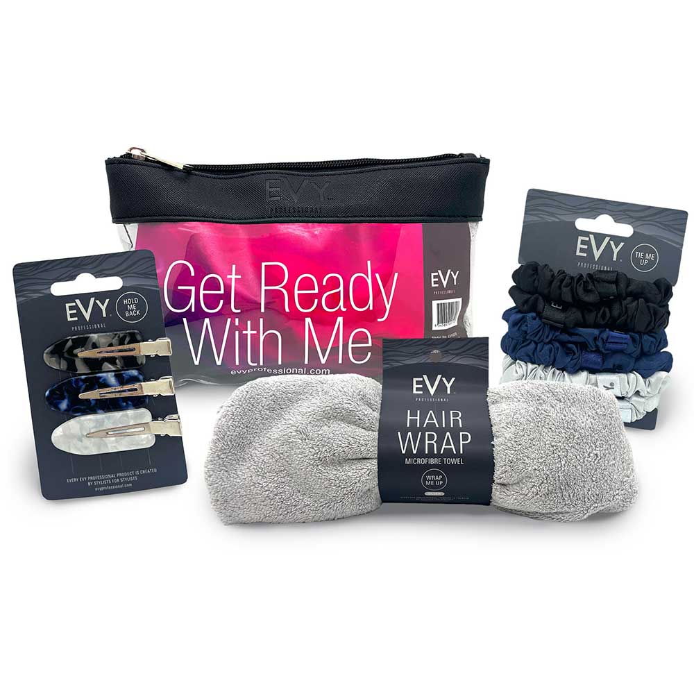 Get Ready With Me giftbag set with navy zip pouch, hair wrap and clips