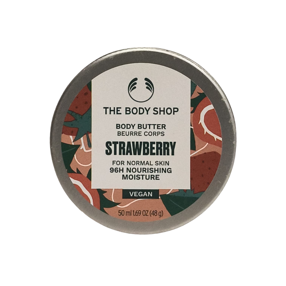 The Body Shop strawberry body butter jar, round tub with label, 50 ml