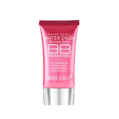 Shiny Pearl water-drop BB foundation tube, pink label and silver base, front view