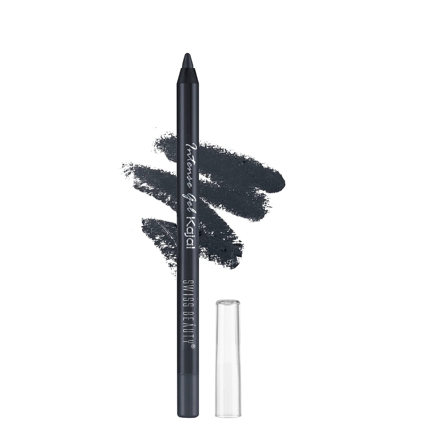 Gel kajal pencil with smoky dark applicator tip and smudge swatch, clear cap