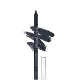 Gel kajal pencil with smoky dark applicator tip and smudge swatch, clear cap
