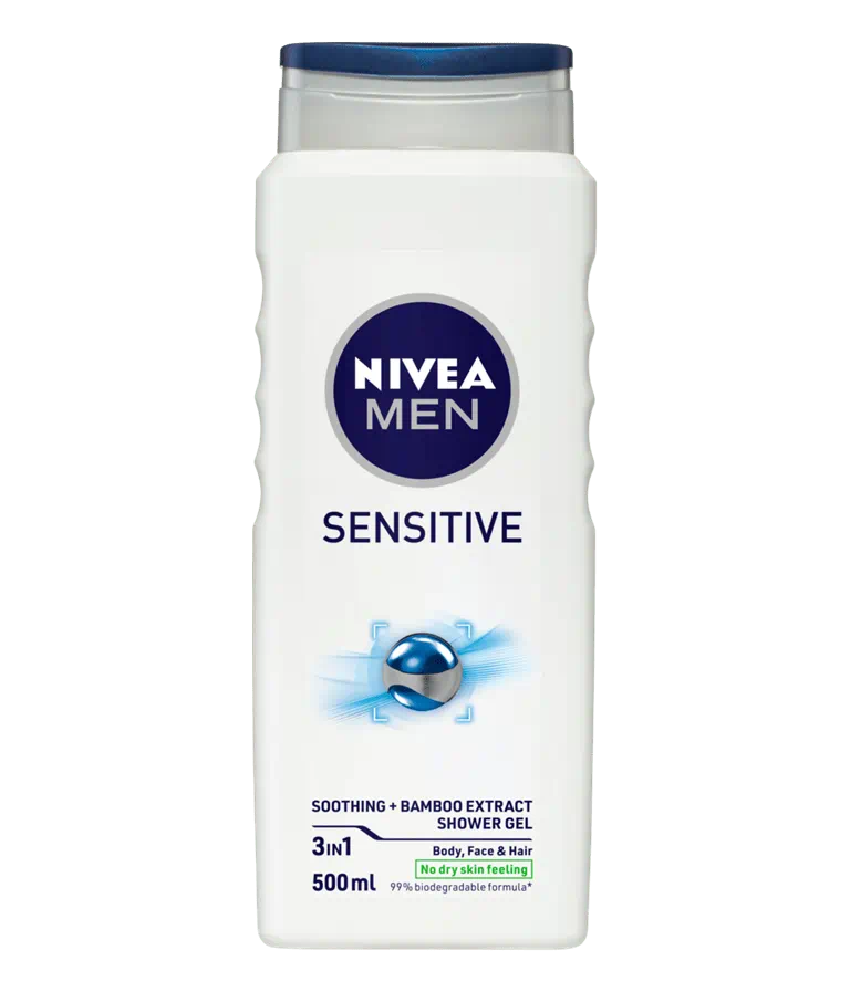 NIVEA MEN Sensitive shower gel bottle, 500ml, white with blue cap