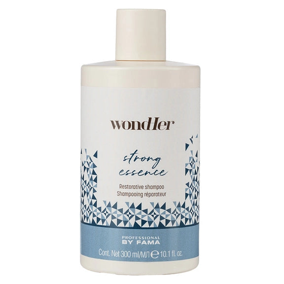 Shampoo bottle with white label, blue geometric band, and white pump cap